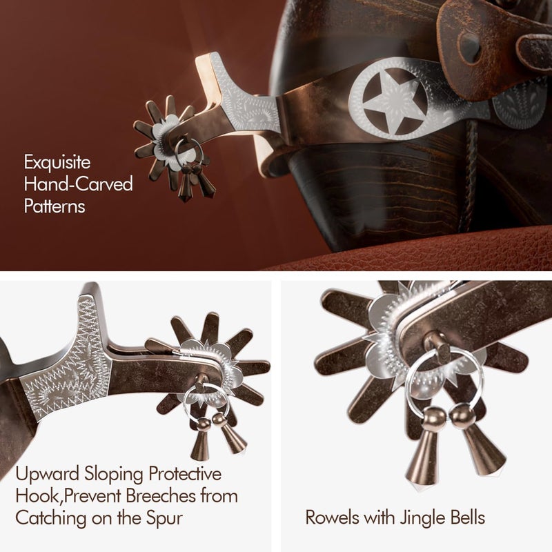 EQUSPUR Western Cowboy Spurs, 1 Pair Horse Spurs with Rowels, Antique Horse Boot Spurs with Hand-Carved Decoration for Adult Equestrian, Men Women - Image 4